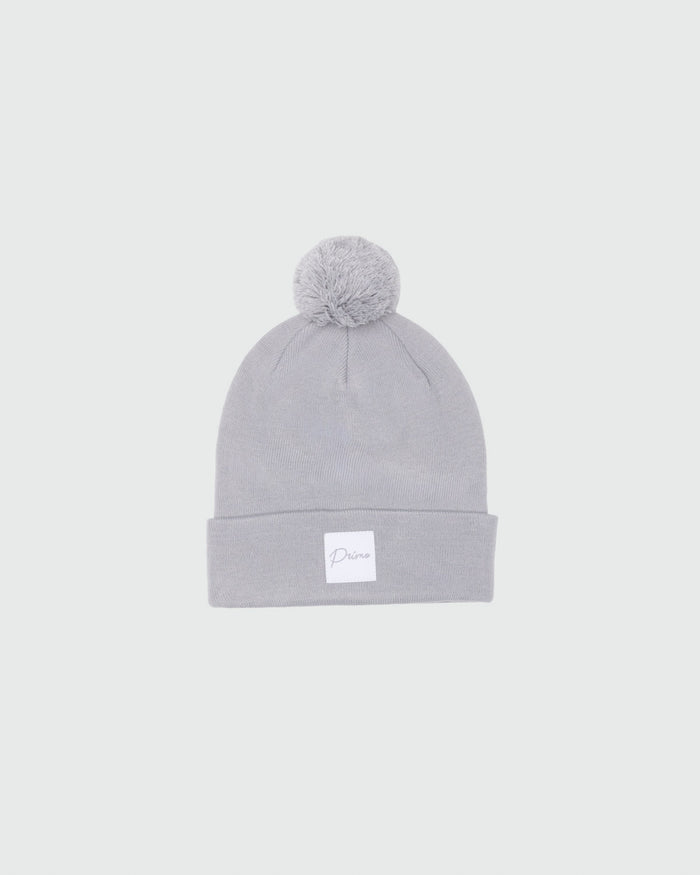 Light Gray Cursive Pom Pom Beanie